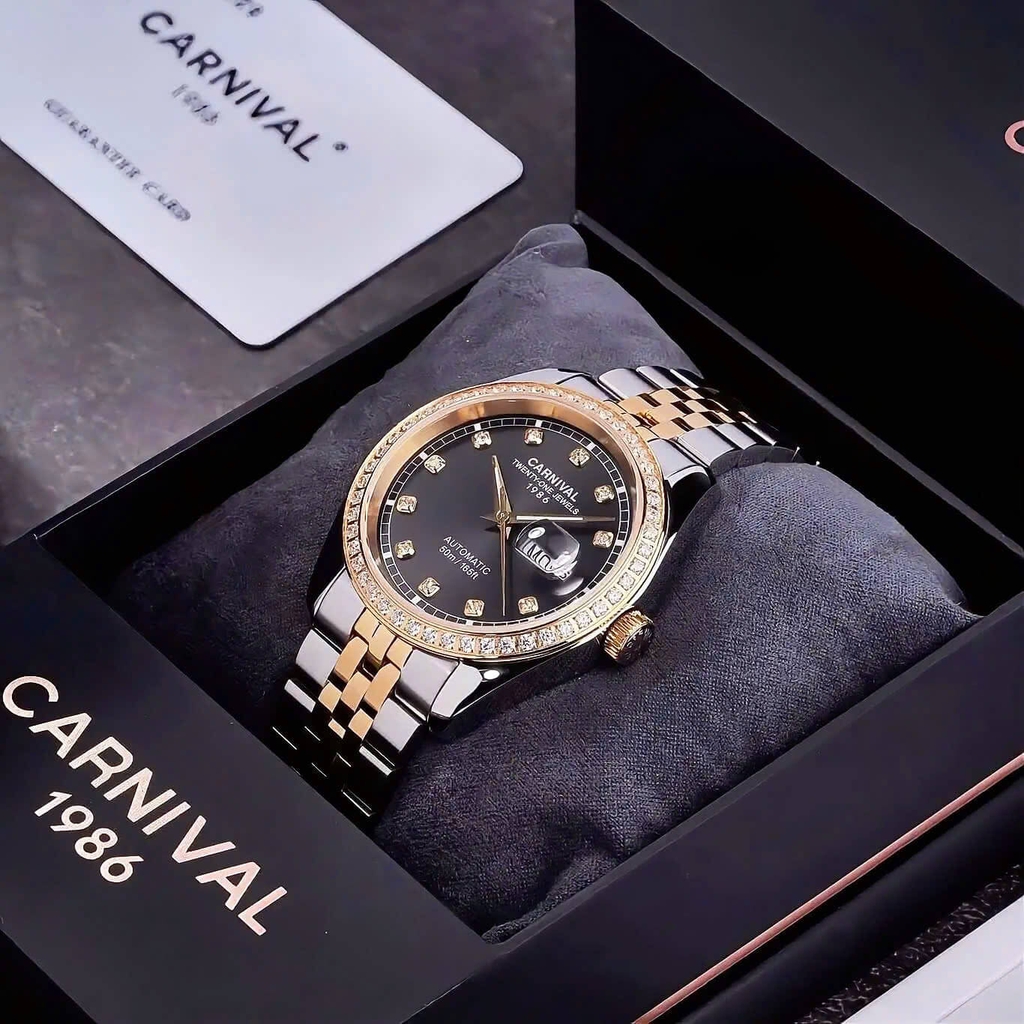 Đồng Hồ Nam Carnival 8131G2-CV-D Automatic Dây Thép Demi Vàng Mặt Đen Size 40mm