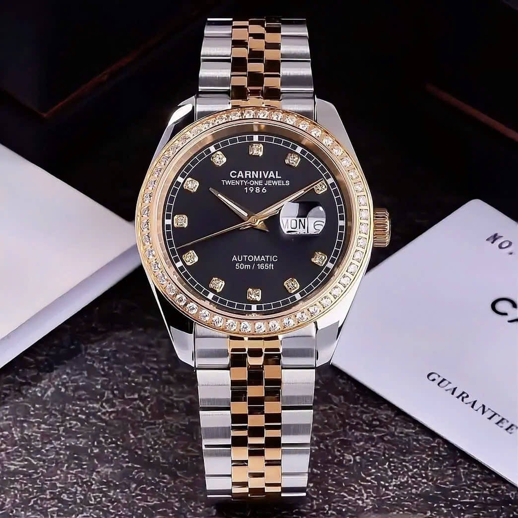 Đồng Hồ Nam Carnival 8131G2-CV-D Automatic Dây Thép Demi Vàng Mặt Đen Size 40mm
