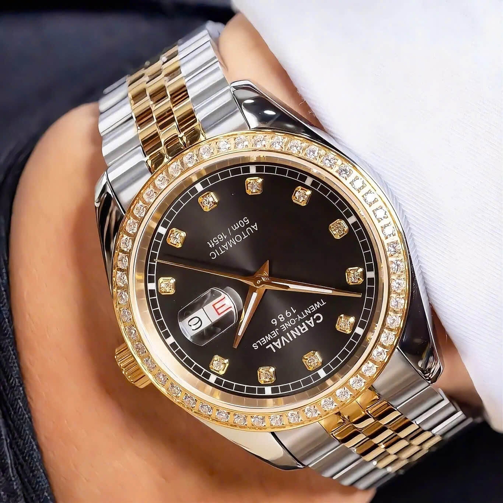 Đồng Hồ Nam Carnival 8131G2-CV-D Automatic Dây Thép Demi Vàng Mặt Đen Size 40mm