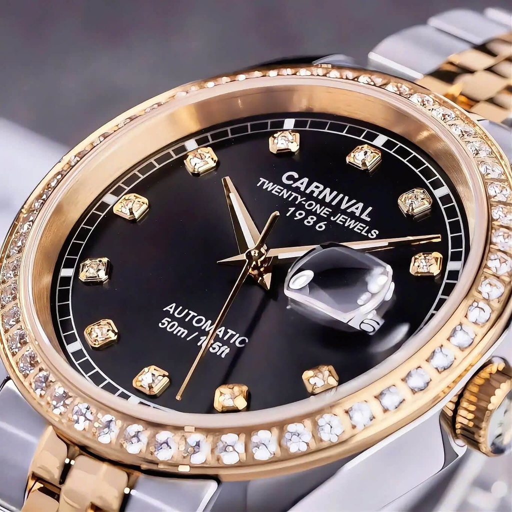 Đồng Hồ Nam Carnival 8131G2-CV-D Automatic Dây Thép Demi Vàng Mặt Đen Size 40mm