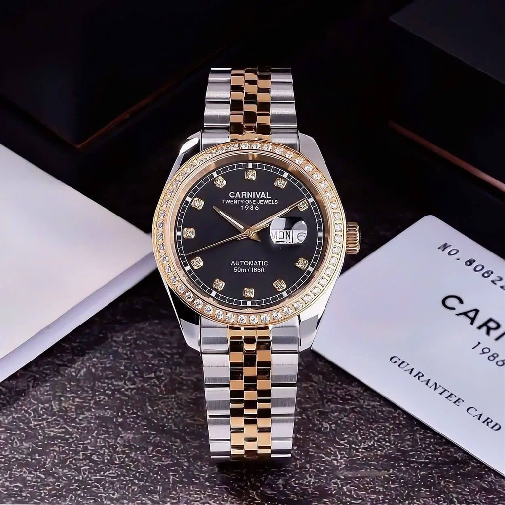 Đồng Hồ Nam Carnival 8131G2-CV-D Automatic Dây Thép Demi Vàng Mặt Đen Size 40mm