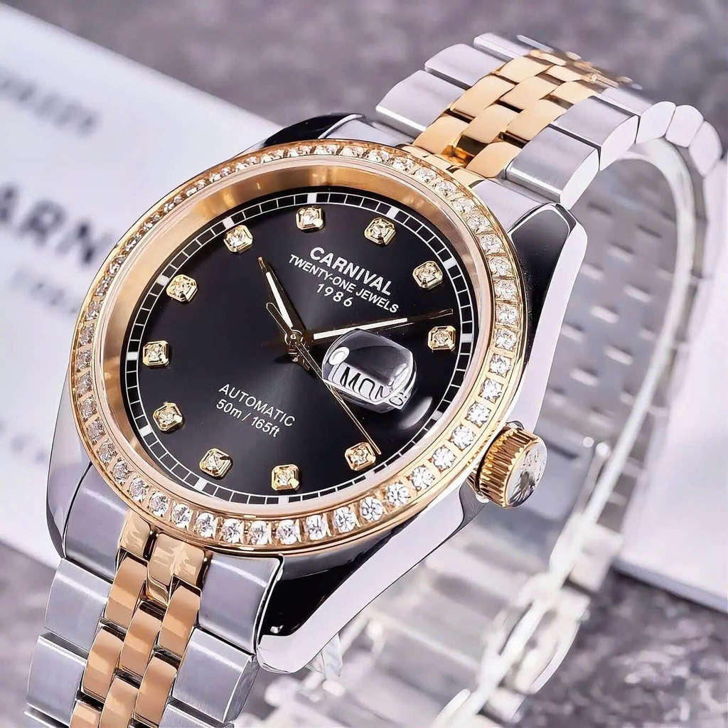 Đồng Hồ Nam Carnival 8131G2-CV-D Automatic Dây Thép Demi Vàng Mặt Đen Size 40mm