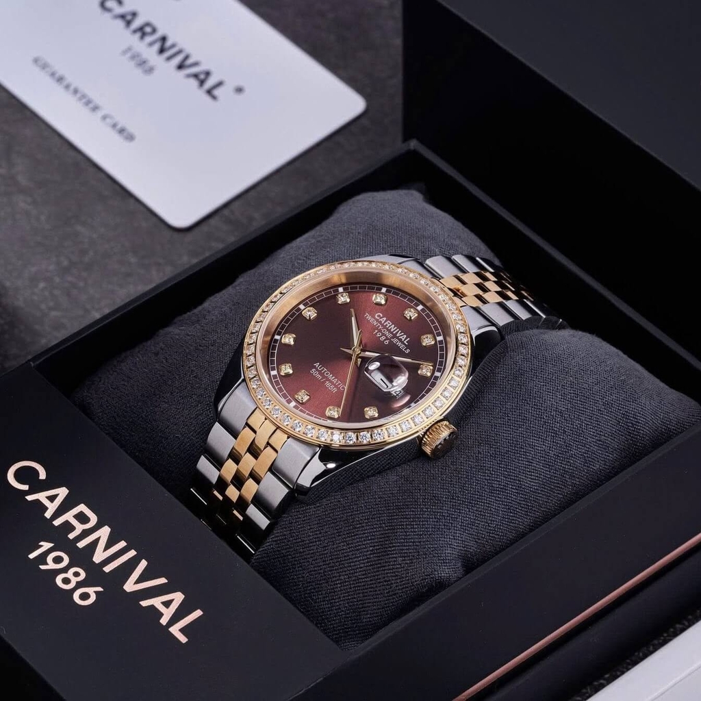Đồng Hồ Nam Carnival 8131G2-CV-N Automatic Dây Thép Demi Vàng Mặt Nâu Size 40mm