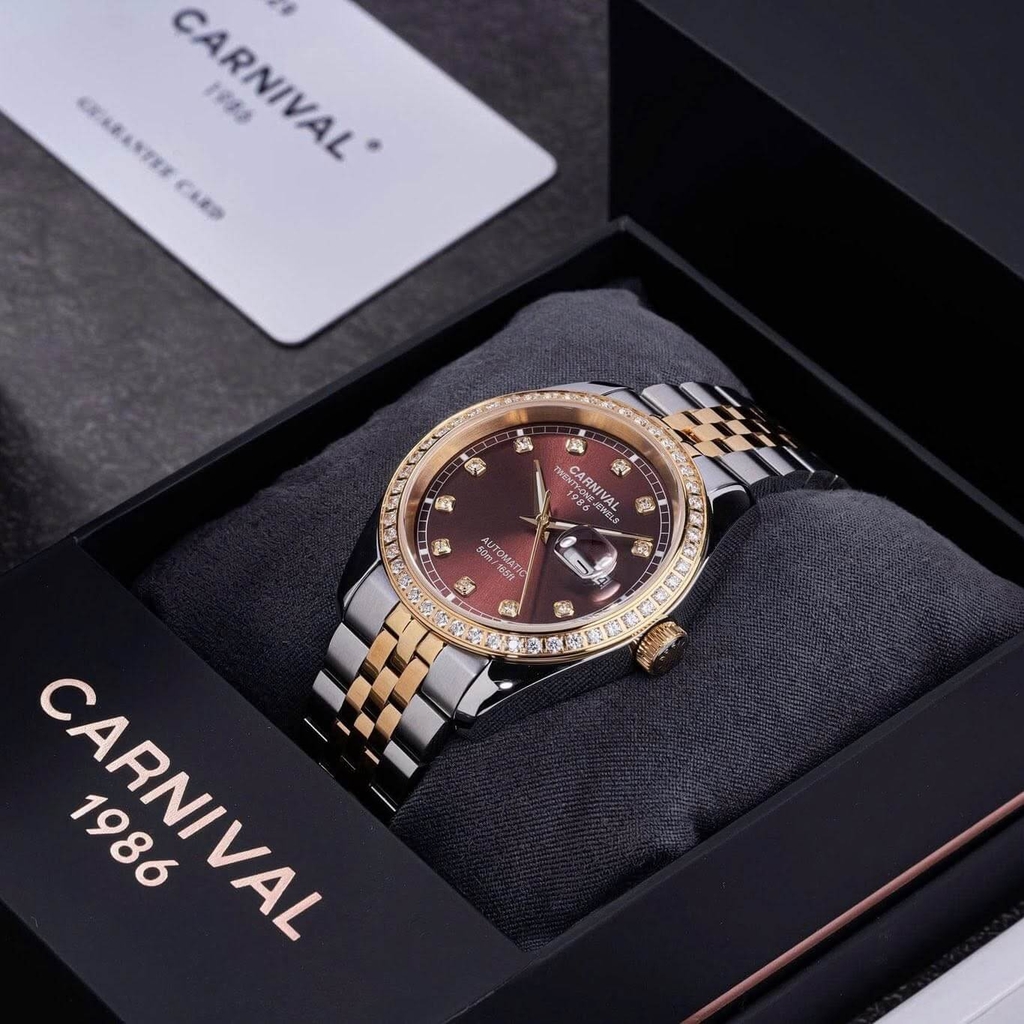 Đồng Hồ Nam Carnival 8131G2-CV-N Automatic Dây Thép Demi Vàng Mặt Nâu Size 40mm