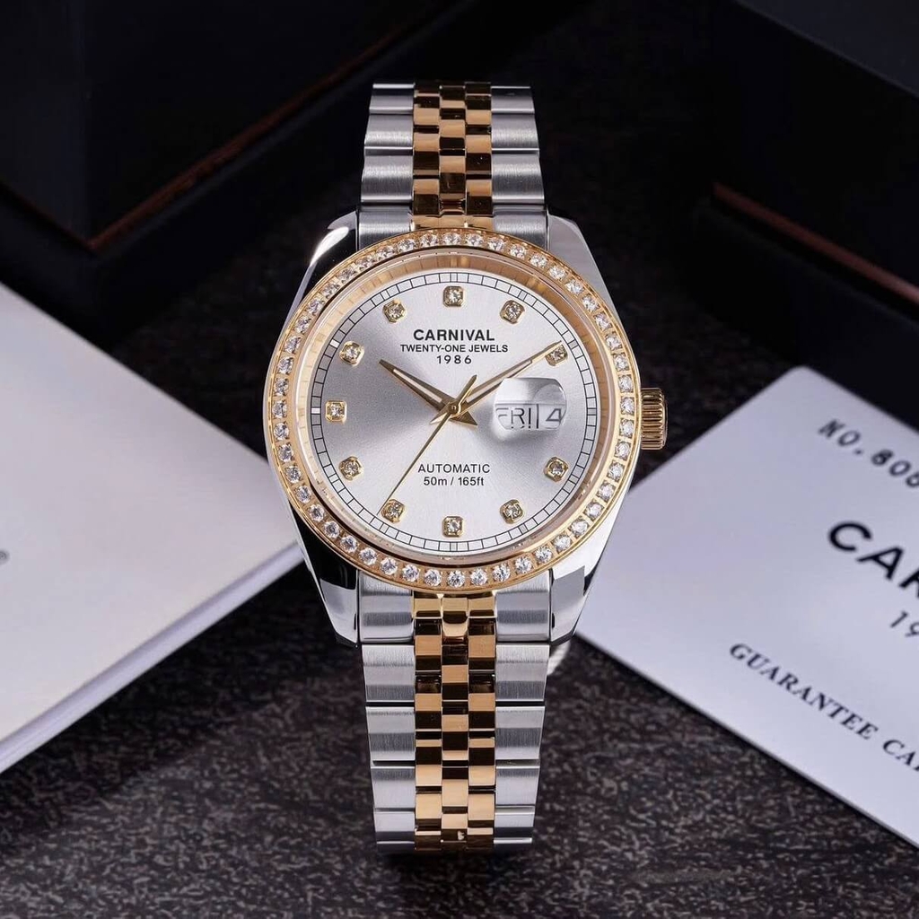Đồng Hồ Nam Carnival 8131G2-CV-T Automatic Dây Thép Demi Vàng Mặt Trắng Size 40mm