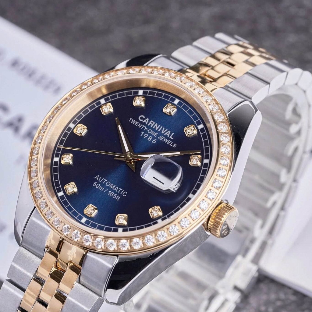Đồng Hồ Nam Carnival 8131G2-CV-X Automatic Dây Thép Demi Vàng Mặt Xanh Navy Size 40mm