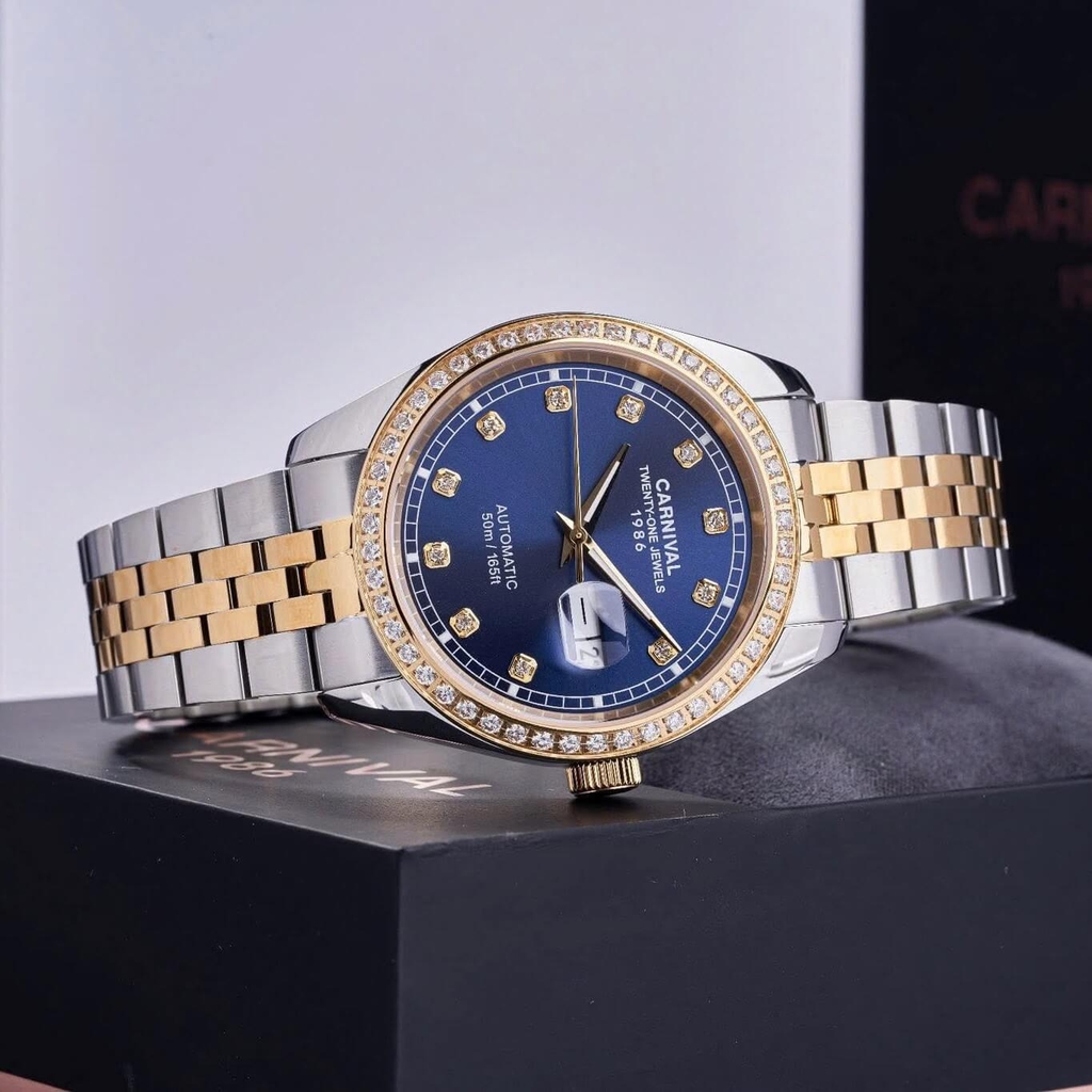 Đồng Hồ Nam Carnival 8131G2-CV-X Automatic Dây Thép Demi Vàng Mặt Xanh Navy Size 40mm
