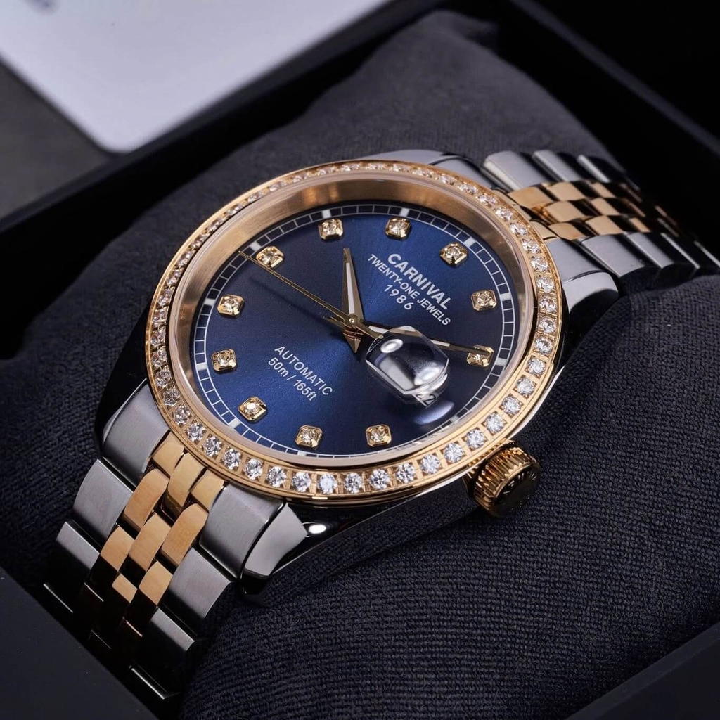 Đồng Hồ Nam Carnival 8131G2-CV-X Automatic Dây Thép Demi Vàng Mặt Xanh Navy Size 40mm