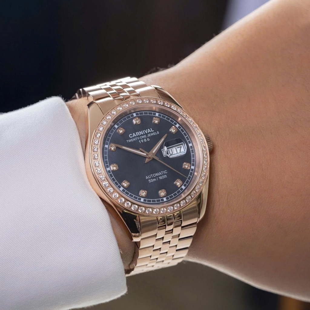 Đồng Hồ Nam Carnival 8131G2-VH-DK Automatic Dây Vàng Hồng Mặt Xà Cừ Xám Size 40mm