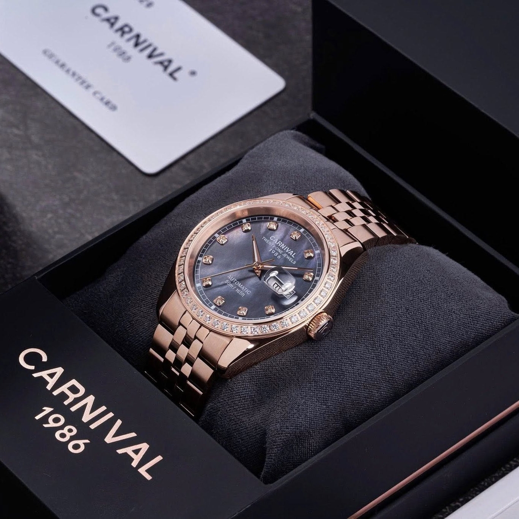 Đồng Hồ Nam Carnival 8131G2-VH-DK Automatic Dây Vàng Hồng Mặt Xà Cừ Xám Size 40mm