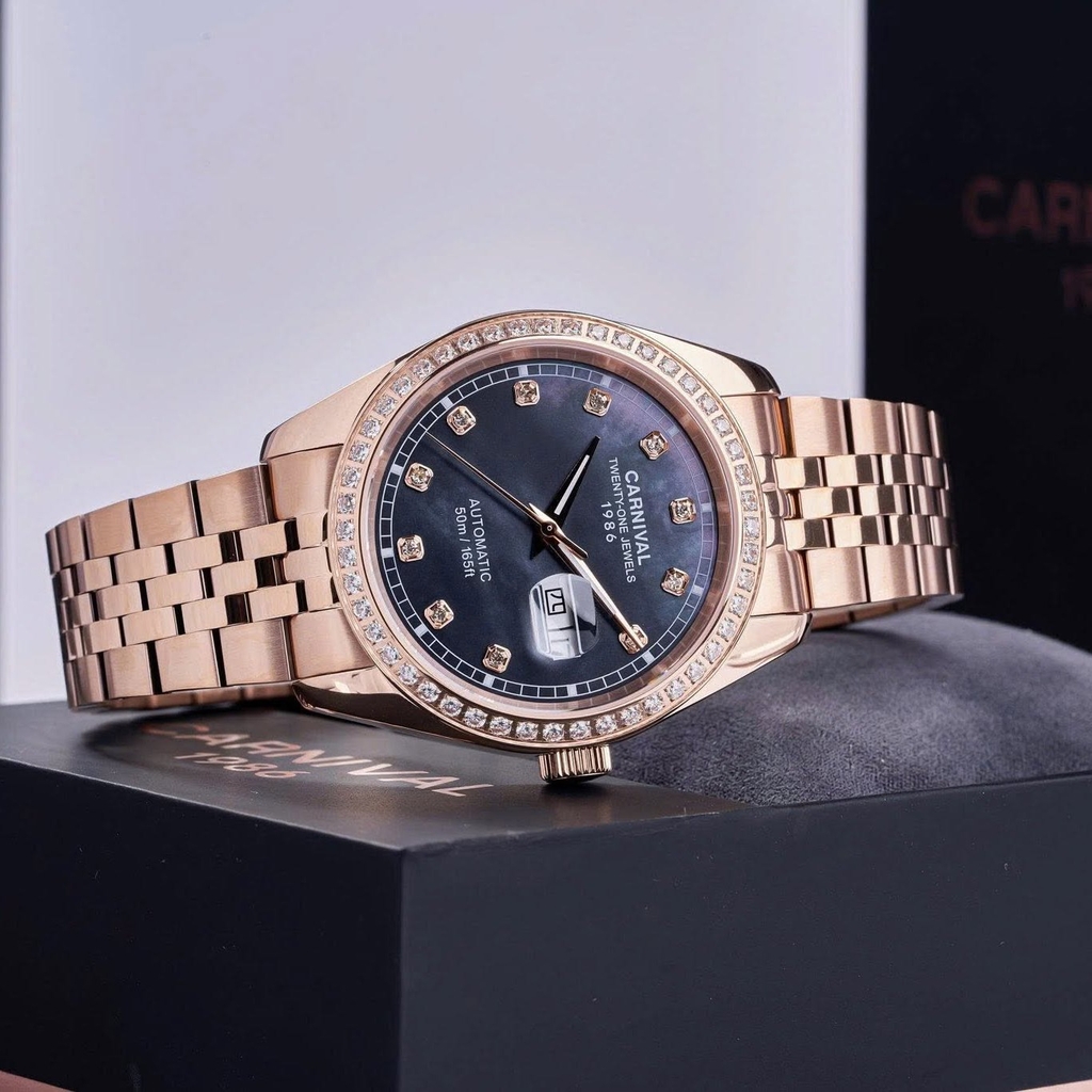 Đồng Hồ Nam Carnival 8131G2-VH-DK Automatic Dây Vàng Hồng Mặt Xà Cừ Xám Size 40mm
