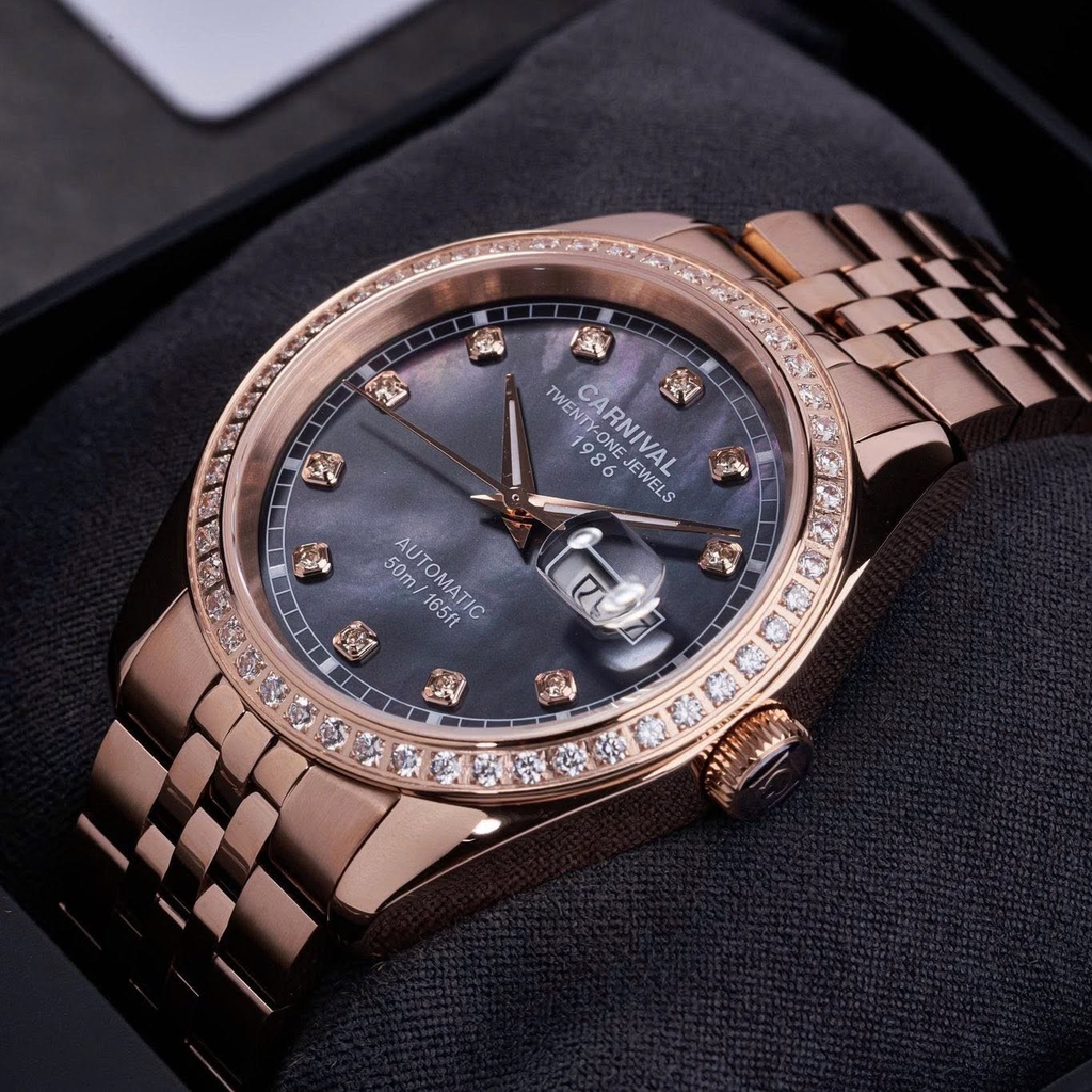 Đồng Hồ Nam Carnival 8131G2-VH-DK Automatic Dây Vàng Hồng Mặt Xà Cừ Xám Size 40mm