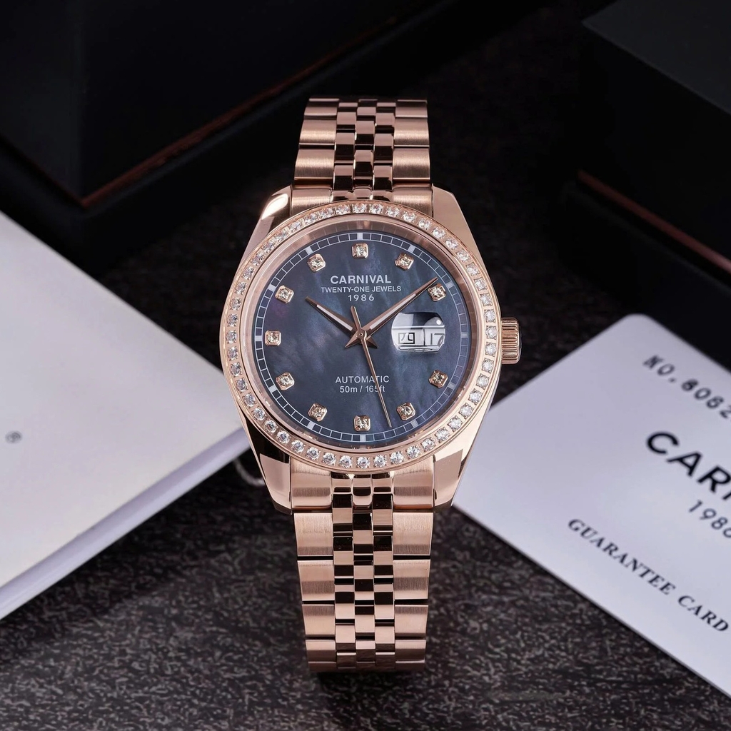 Đồng Hồ Nam Carnival 8131G2-VH-DK Automatic Dây Vàng Hồng Mặt Xà Cừ Xám Size 40mm