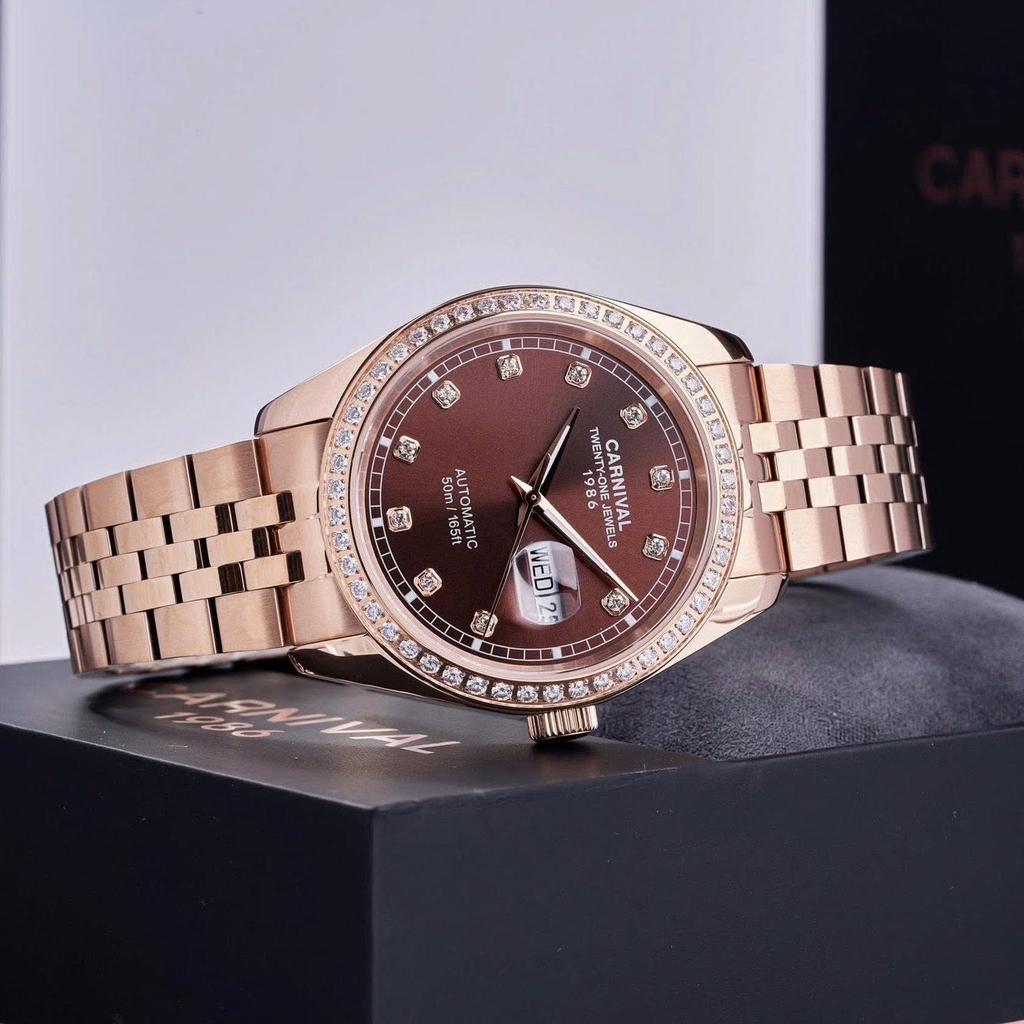 Đồng Hồ Nam Carnival 8131G2-VH-N Automatic Dây Thép Vàng Hồng Mặt Nâu Size 40mm