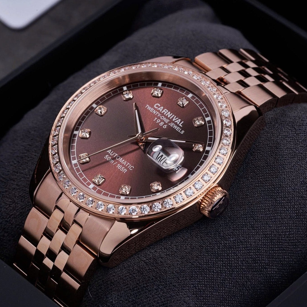 Đồng Hồ Nam Carnival 8131G2-VH-N Automatic Dây Thép Vàng Hồng Mặt Nâu Size 40mm