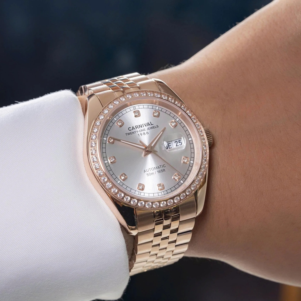 Đồng Hồ Nam Carnival 8131G2-VH-T Automatic Dây Thép Vàng Hồng Mặt Trắng Size 40mm