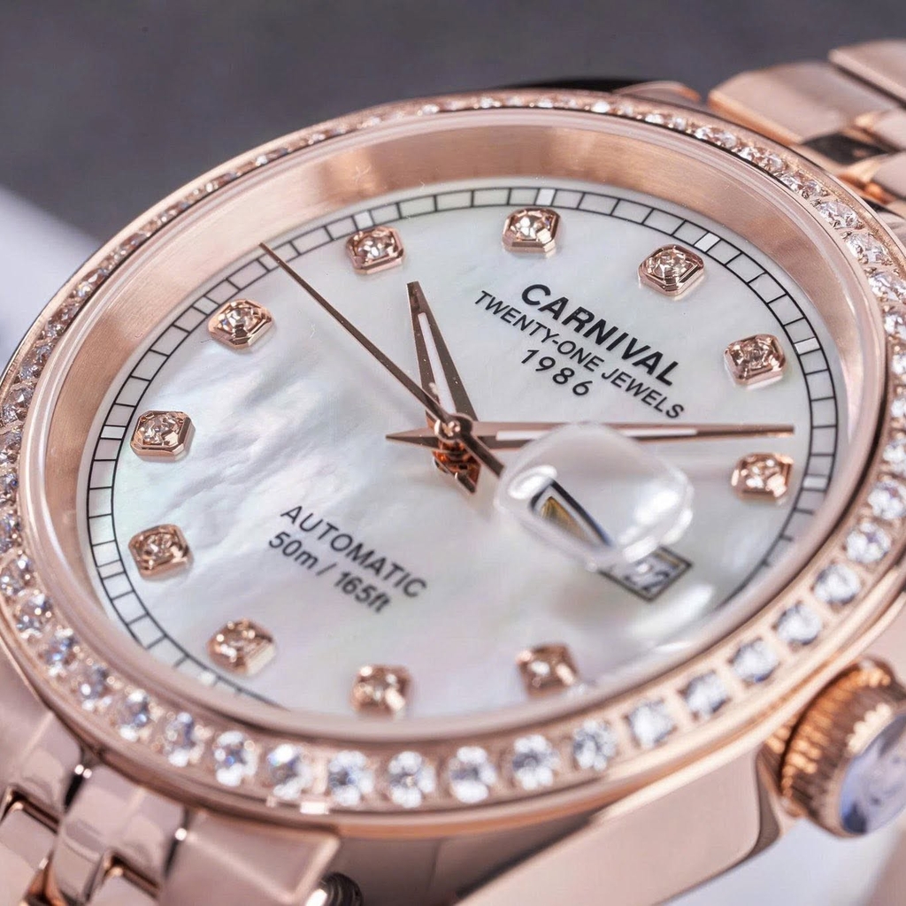 Đồng Hồ Nam Carnival 8131G2-VH-TK Automatic Dây Vàng Hồng Mặt Xà Cừ Trắng Size 40mm