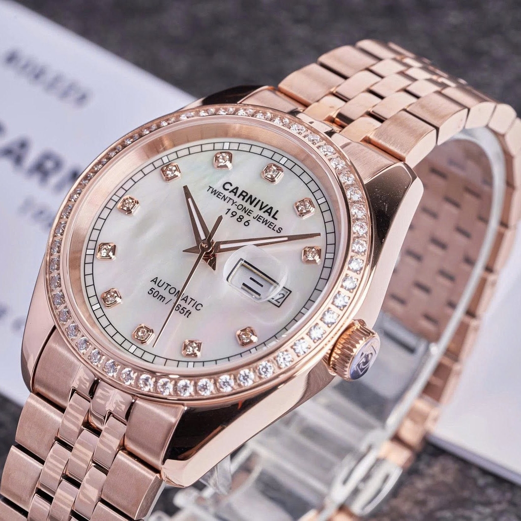 Đồng Hồ Nam Carnival 8131G2-VH-TK Automatic Dây Vàng Hồng Mặt Xà Cừ Trắng Size 40mm