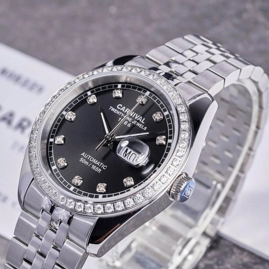 Đồng Hồ Nam Carnival 8131G2-VT-D Automatic Dây Thép Bạc Mặt Đen Size 40mm