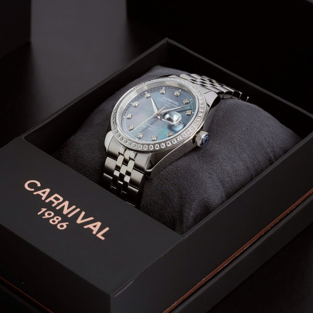 Đồng Hồ Nam Carnival 8131G2-VT-DK Automatic Dây Thép Silver Mặt Xà Cừ Xám Size 40mm