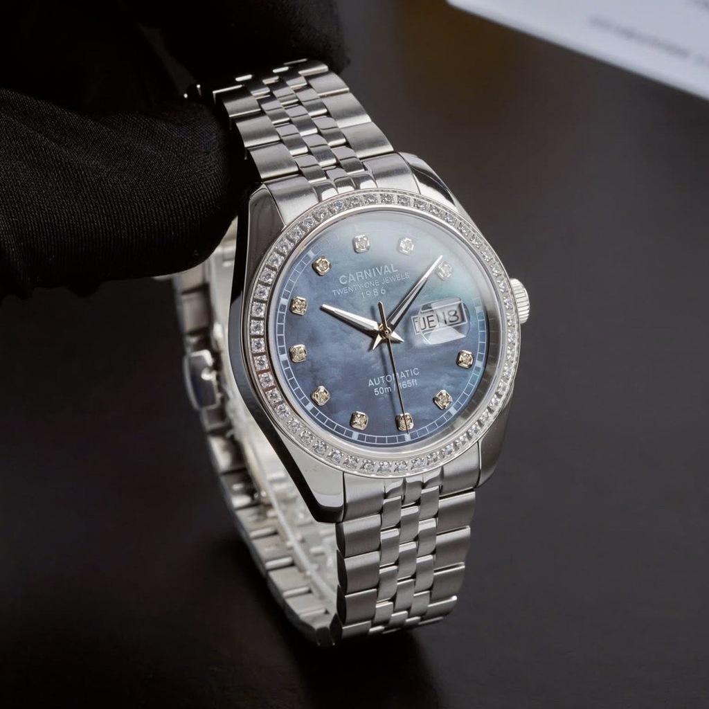 Đồng Hồ Nam Carnival 8131G2-VT-DK Automatic Dây Thép Silver Mặt Xà Cừ Xám Size 40mm