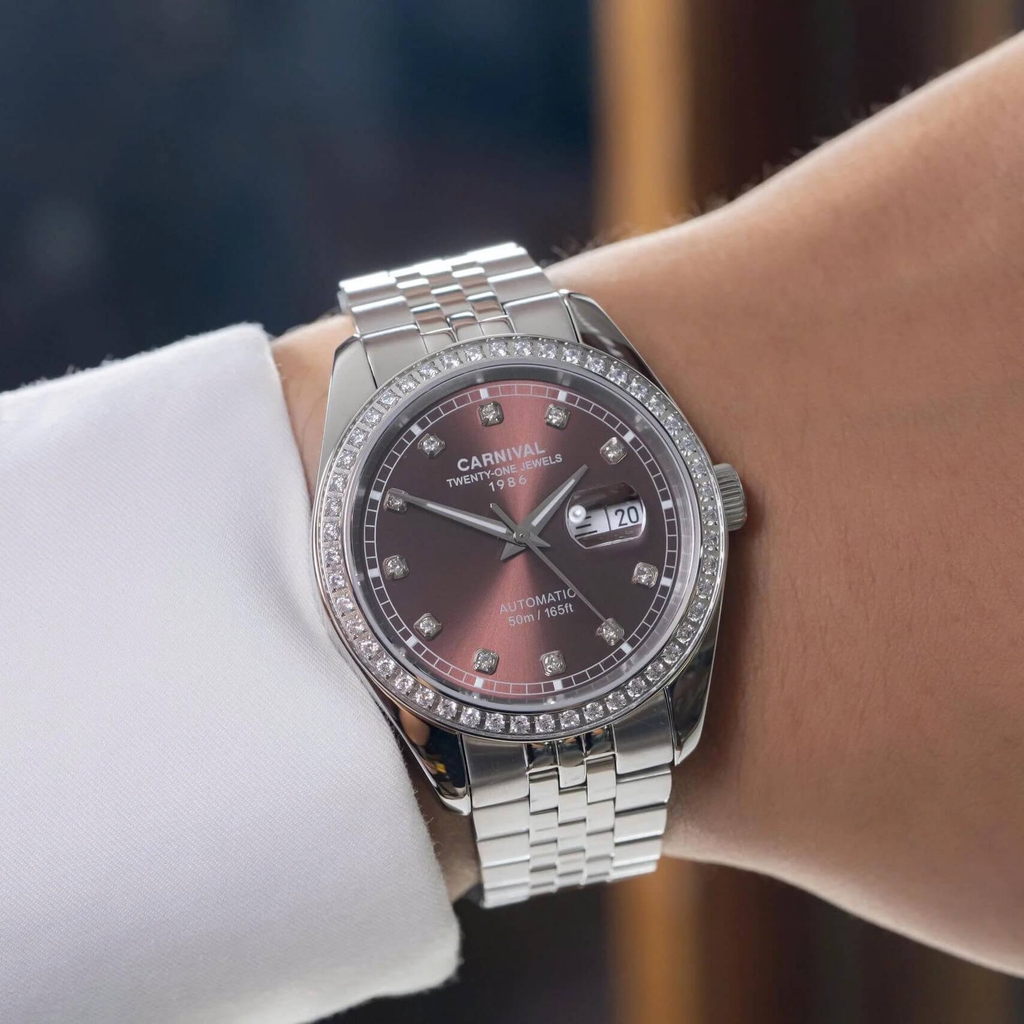 Đồng Hồ Nam Carnival 8131G2-VT-N Automatic Dây Thép Bạc Mặt Nâu Chocolate Size 40mm