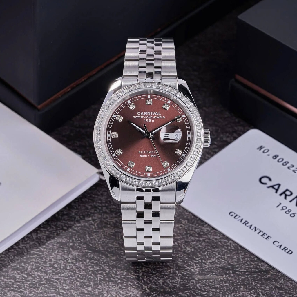 Đồng Hồ Nam Carnival 8131G2-VT-N Automatic Dây Thép Bạc Mặt Nâu Chocolate Size 40mm