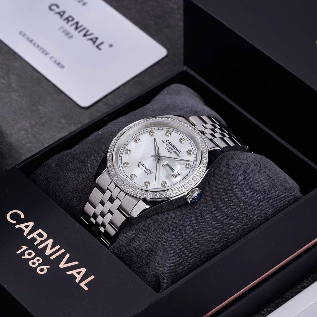 Đồng Hồ Nam Carnival 8131G2-VT-TK Automatic Dây Thép Silver Mặt Xà Cừ Trắng Size 40mm