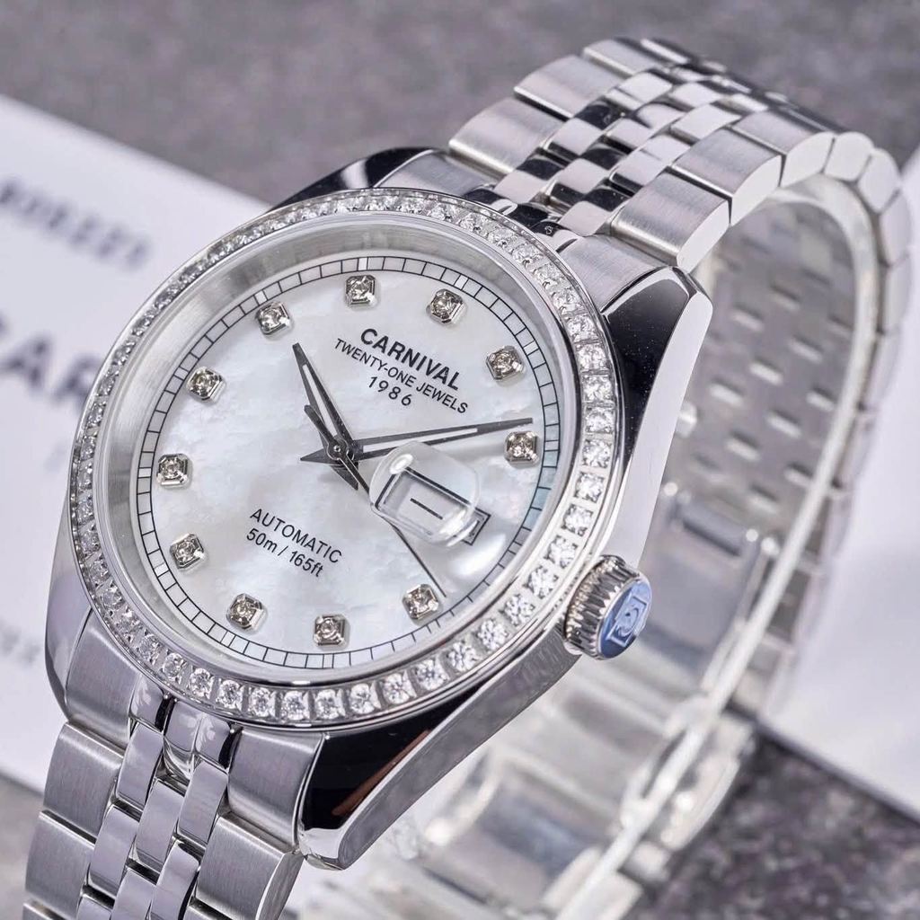 Đồng Hồ Nam Carnival 8131G2-VT-TK Automatic Dây Thép Silver Mặt Xà Cừ Trắng Size 40mm