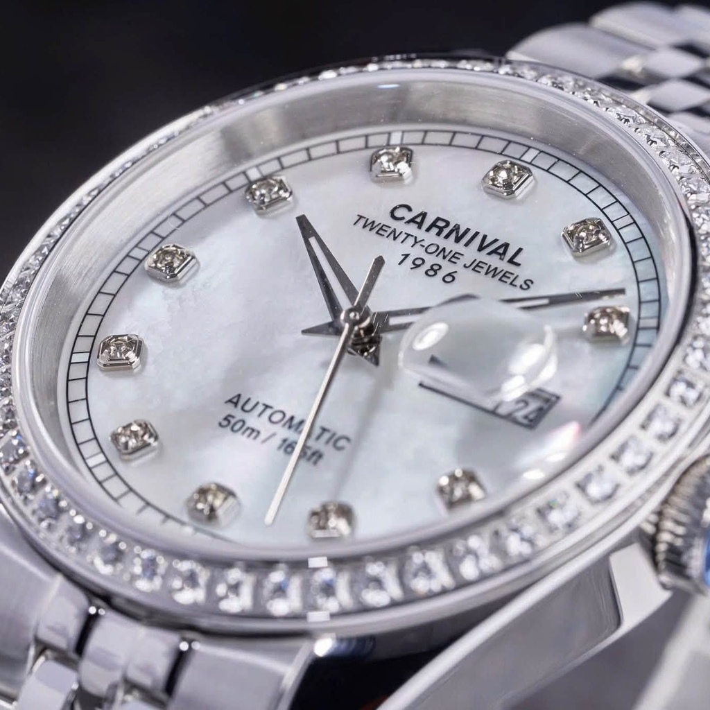 Đồng Hồ Nam Carnival 8131G2-VT-TK Automatic Dây Thép Silver Mặt Xà Cừ Trắng Size 40mm