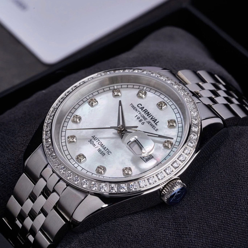 Đồng Hồ Nam Carnival 8131G2-VT-TK Automatic Dây Thép Silver Mặt Xà Cừ Trắng Size 40mm