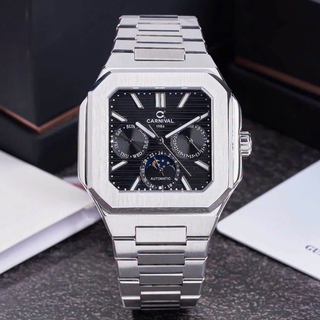 Đồng Hồ Nam Carnival 8187G Máy Cơ Tự Động Dây Thép Bạc Mặt Đen Size 42mm 8187G-VT-D