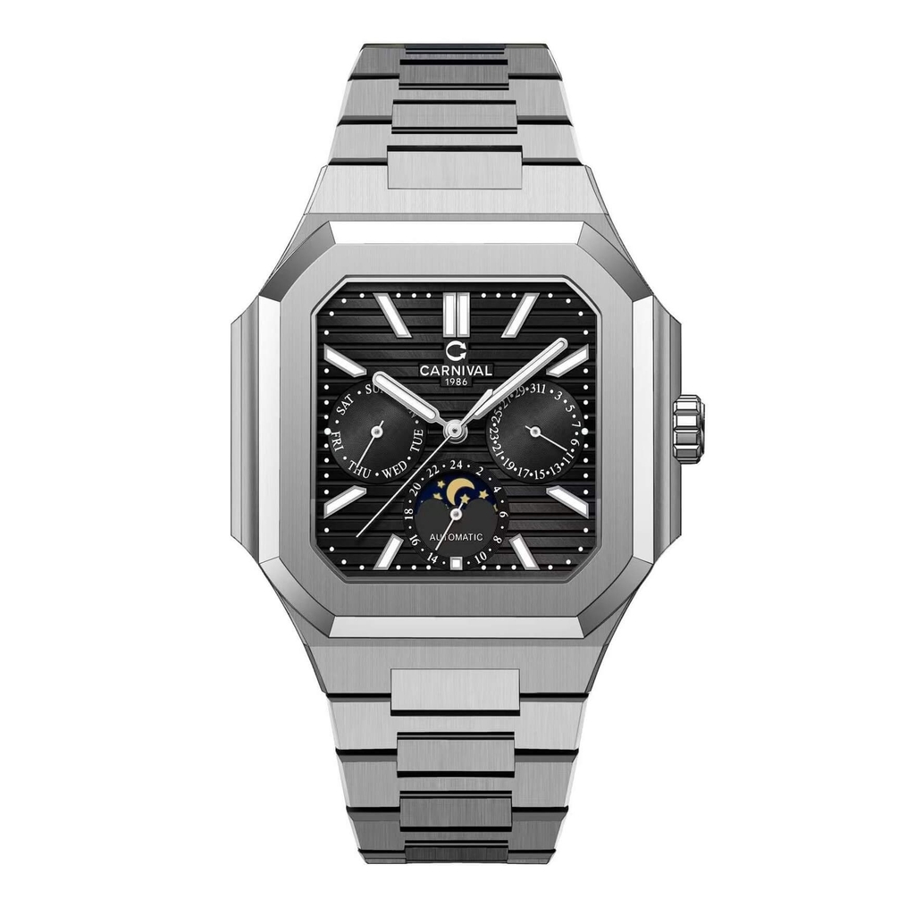 Đồng Hồ Nam Carnival 8187G Máy Cơ Tự Động Dây Thép Bạc Mặt Đen Size 42mm 8187G-VT-D