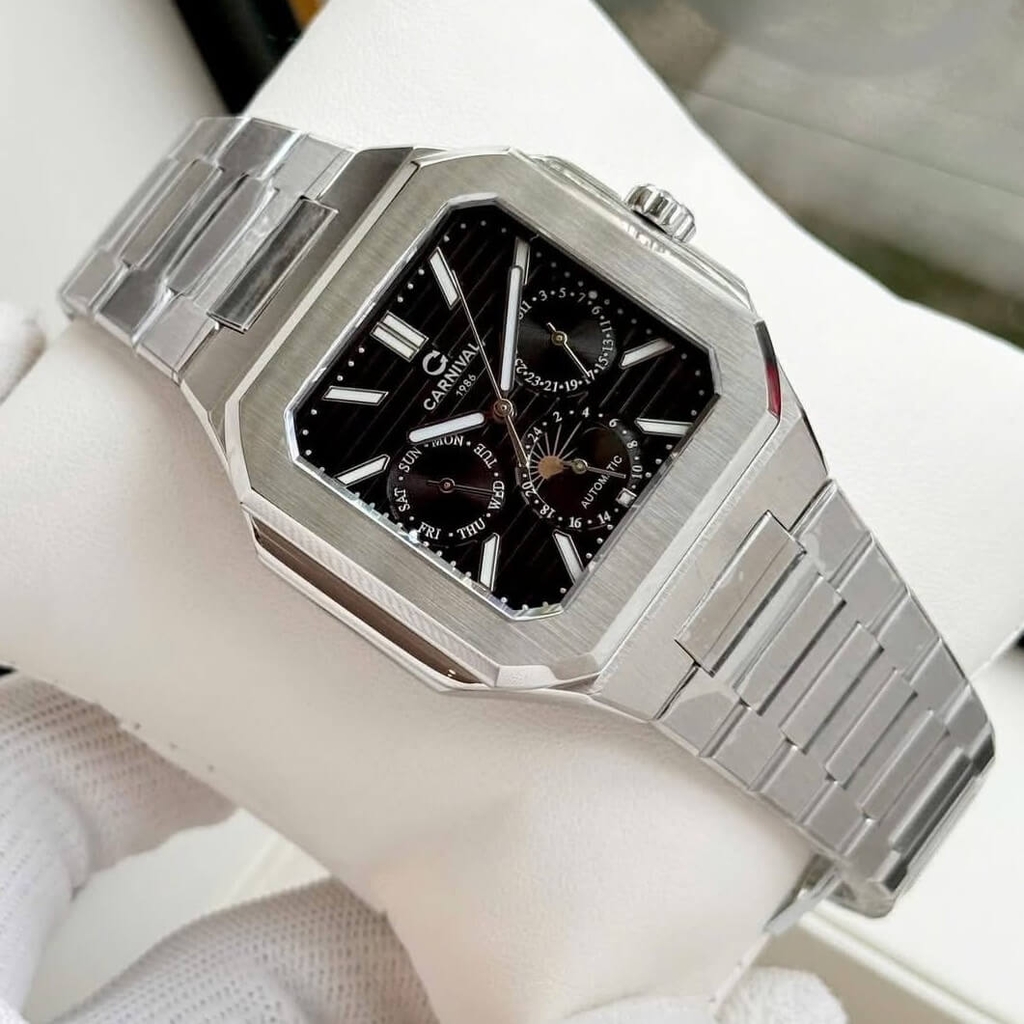 Đồng Hồ Nam Carnival 8187G Máy Cơ Tự Động Dây Thép Bạc Mặt Đen Size 42mm 8187G-VT-D