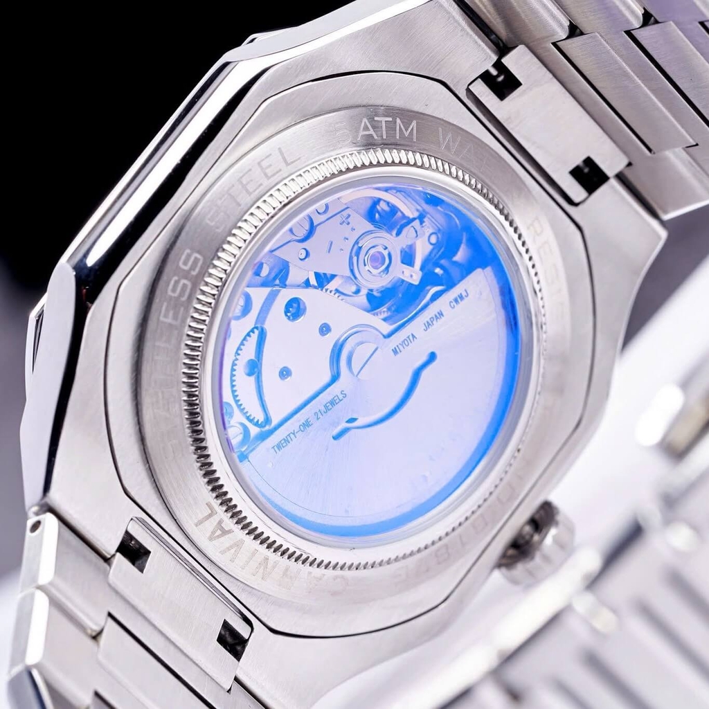 Đồng Hồ Nam Carnival 8187G Máy Cơ Tự Động Dây Thép Bạc Mặt Đen Size 42mm 8187G-VT-D
