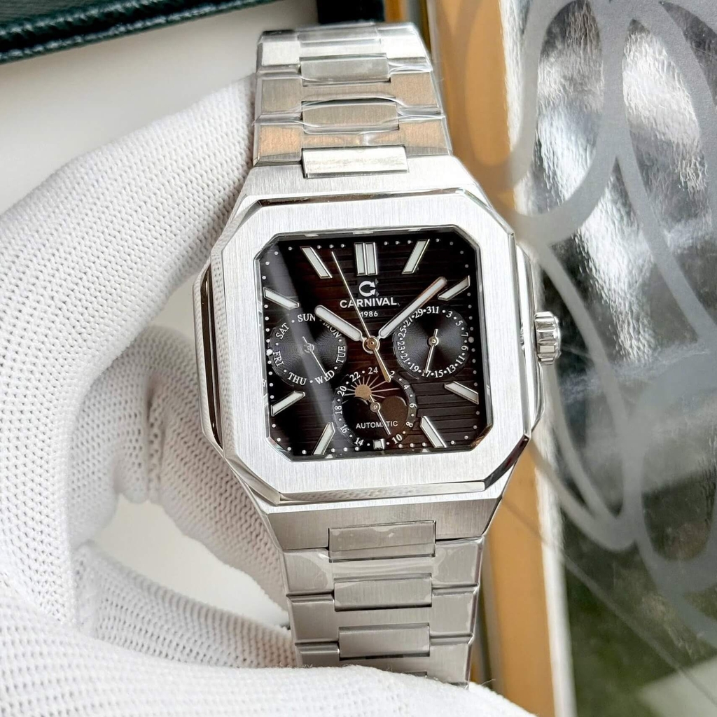 Đồng Hồ Nam Carnival 8187G Máy Cơ Tự Động Dây Thép Bạc Mặt Đen Size 42mm 8187G-VT-D
