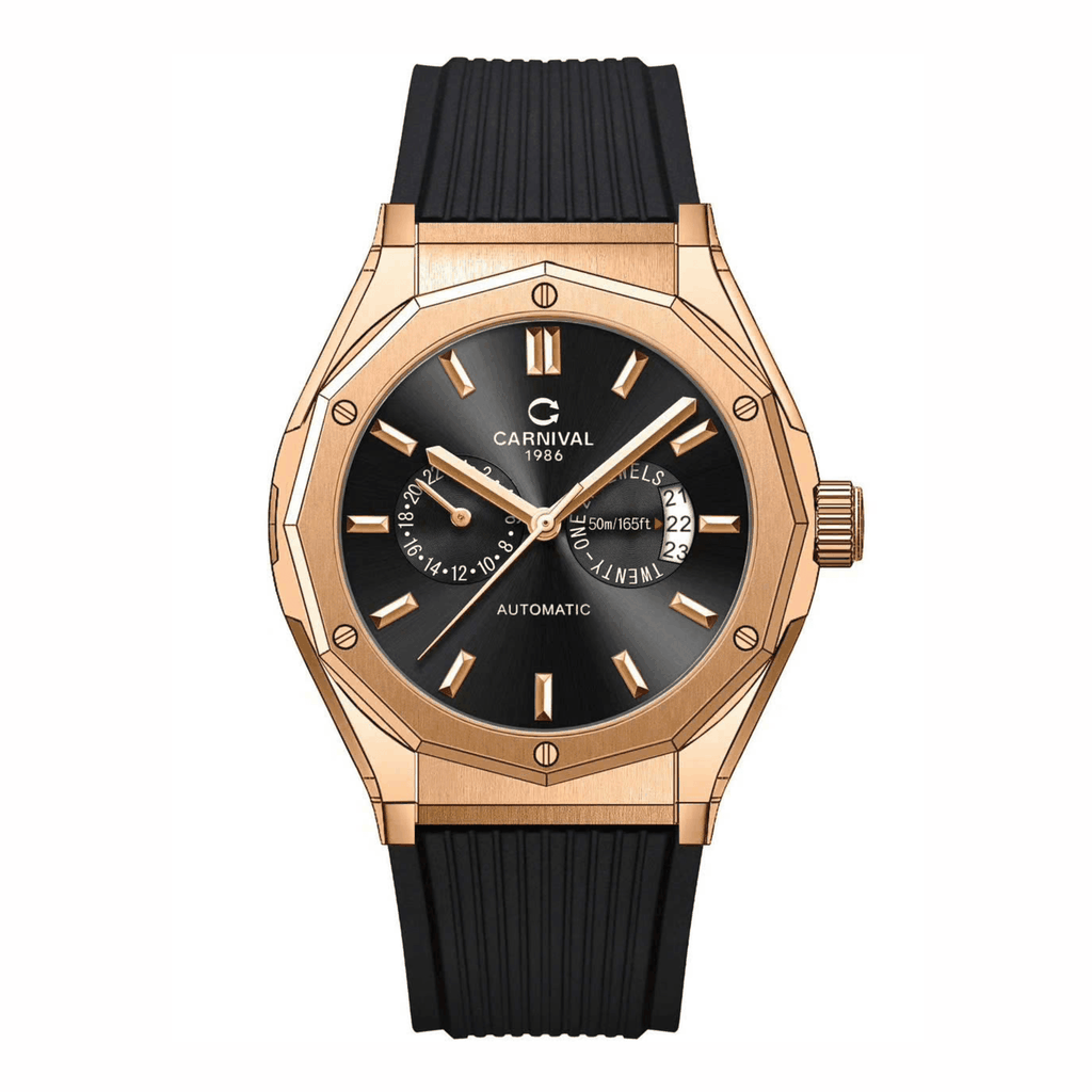 Đồng Hồ Nam Carnival 8188G Máy Cơ Tự Động Dây Cao Su Đen Mặt Đen Size 42mm Vỏ Rose 8188G-VH-DCS-D