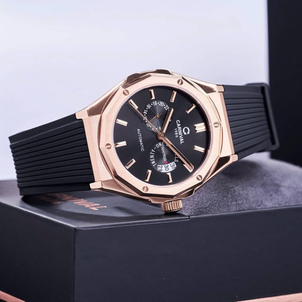 Đồng Hồ Nam Carnival 8188G Máy Cơ Tự Động Dây Cao Su Đen Mặt Đen Size 42mm Vỏ Rose 8188G-VH-DCS-D