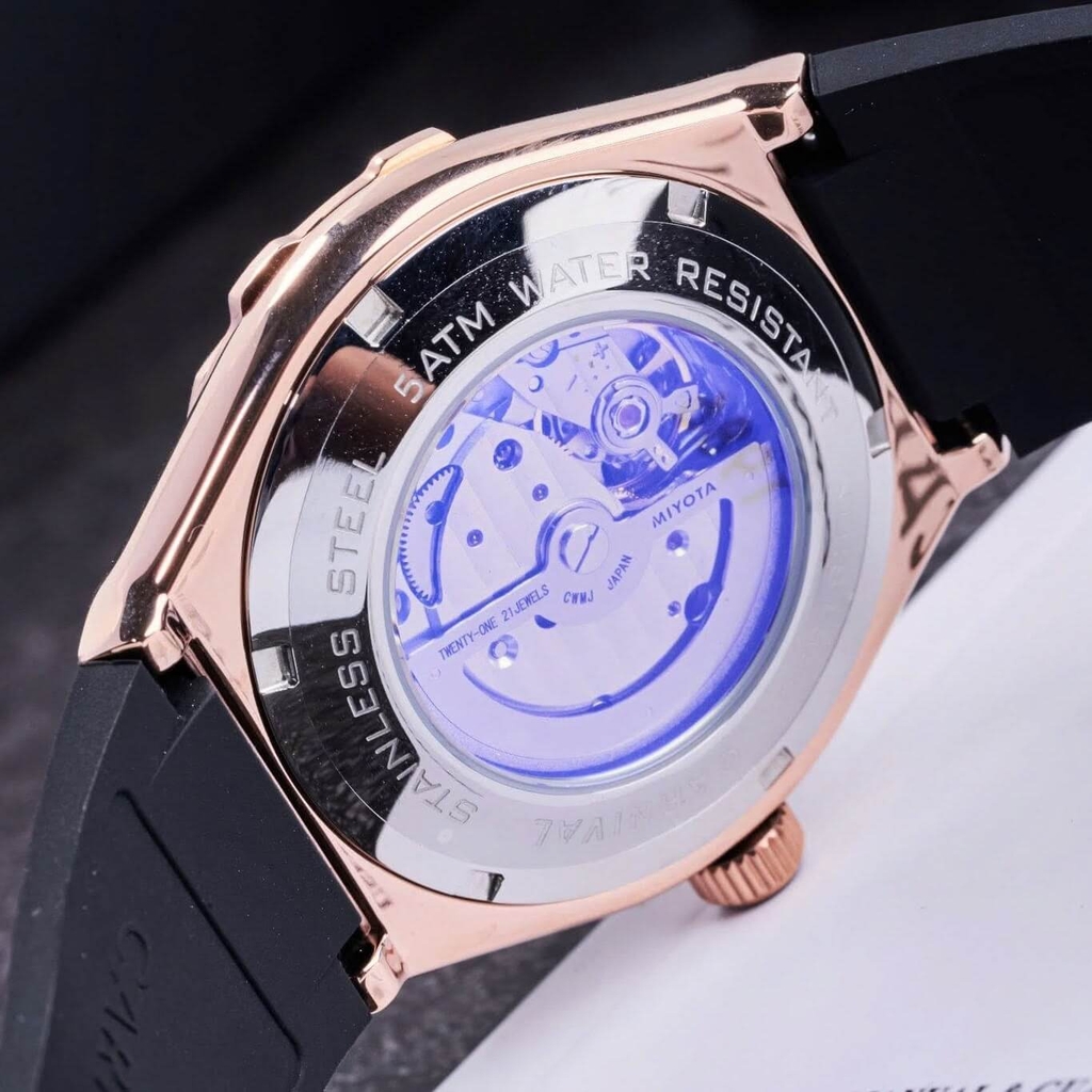 Đồng Hồ Nam Carnival 8188G Máy Cơ Tự Động Dây Cao Su Đen Mặt Đen Size 42mm Vỏ Rose 8188G-VH-DCS-D