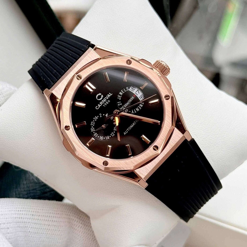Đồng Hồ Nam Carnival 8188G Máy Cơ Tự Động Dây Cao Su Đen Mặt Đen Size 42mm Vỏ Rose 8188G-VH-DCS-D