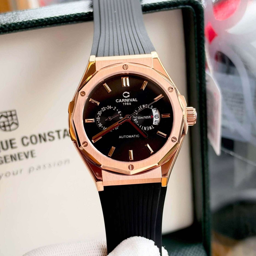 Đồng Hồ Nam Carnival 8188G Máy Cơ Tự Động Dây Cao Su Đen Mặt Đen Size 42mm Vỏ Rose 8188G-VH-DCS-D