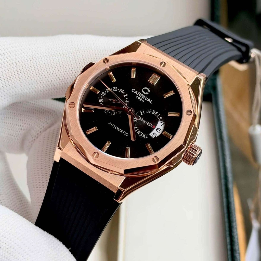 Đồng Hồ Nam Carnival 8188G Máy Cơ Tự Động Dây Cao Su Đen Mặt Đen Size 42mm Vỏ Rose 8188G-VH-DCS-D