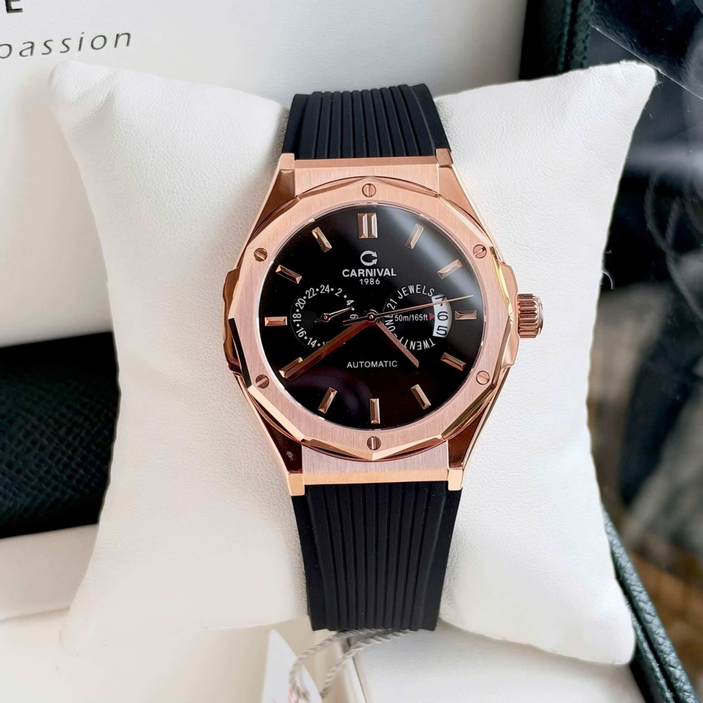 Đồng Hồ Nam Carnival 8188G Máy Cơ Tự Động Dây Cao Su Đen Mặt Đen Size 42mm Vỏ Rose 8188G-VH-DCS-D