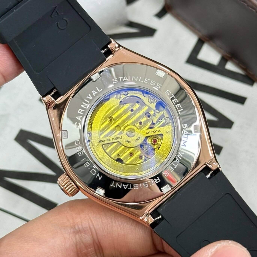 Đồng Hồ Nam Carnival 8188G Máy Cơ Tự Động Dây Cao Su Đen Mặt Nâu Size 42mm Vỏ Rose 8188G-VH-DCS-N