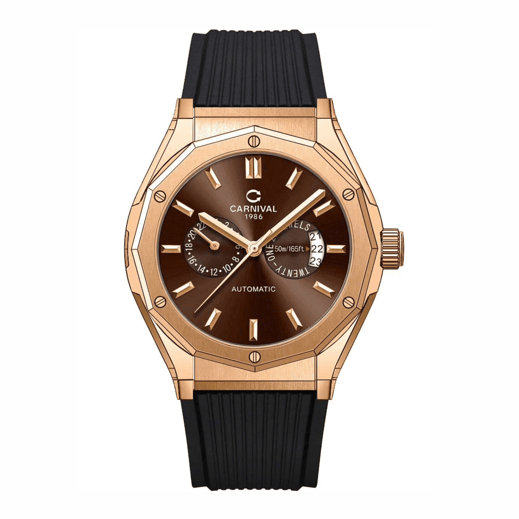 Đồng Hồ Nam Carnival 8188G Máy Cơ Tự Động Dây Cao Su Đen Mặt Nâu Size 42mm Vỏ Rose 8188G-VH-DCS-N