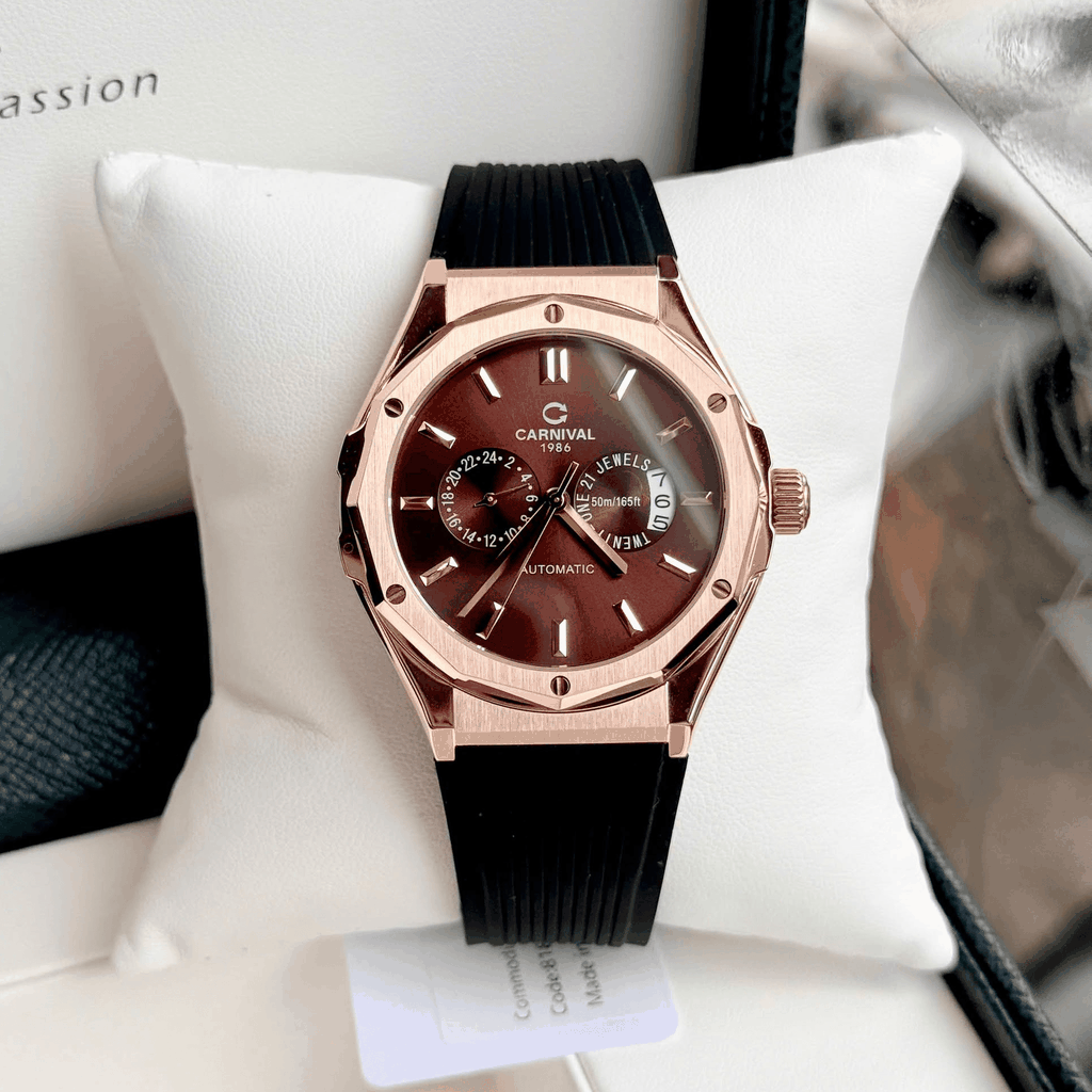 Đồng Hồ Nam Carnival 8188G Máy Cơ Tự Động Dây Cao Su Đen Mặt Nâu Size 42mm Vỏ Rose 8188G-VH-DCS-N