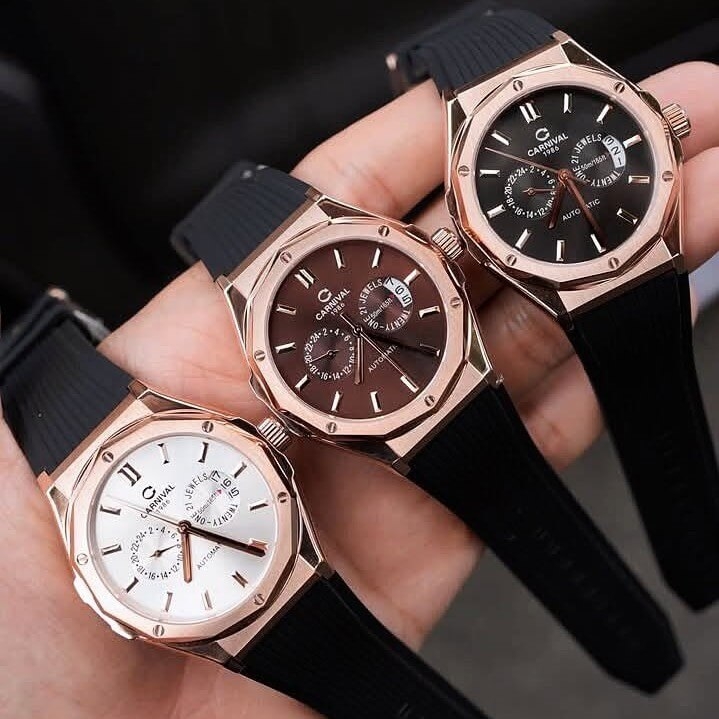 Đồng Hồ Nam Carnival 8188G Máy Cơ Tự Động Dây Cao Su Đen Mặt Nâu Size 42mm Vỏ Rose 8188G-VH-DCS-N