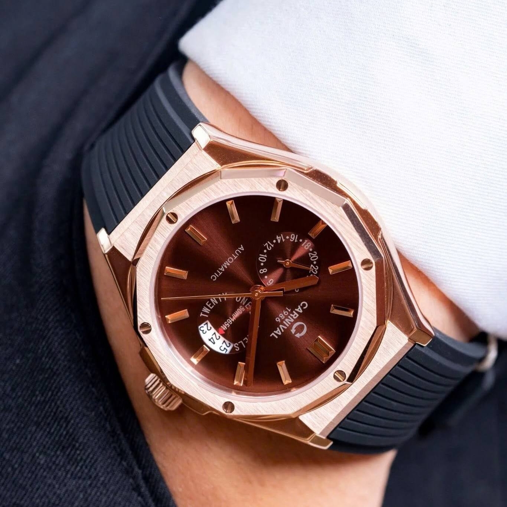 Đồng Hồ Nam Carnival 8188G Máy Cơ Tự Động Dây Cao Su Đen Mặt Nâu Size 42mm Vỏ Rose 8188G-VH-DCS-N