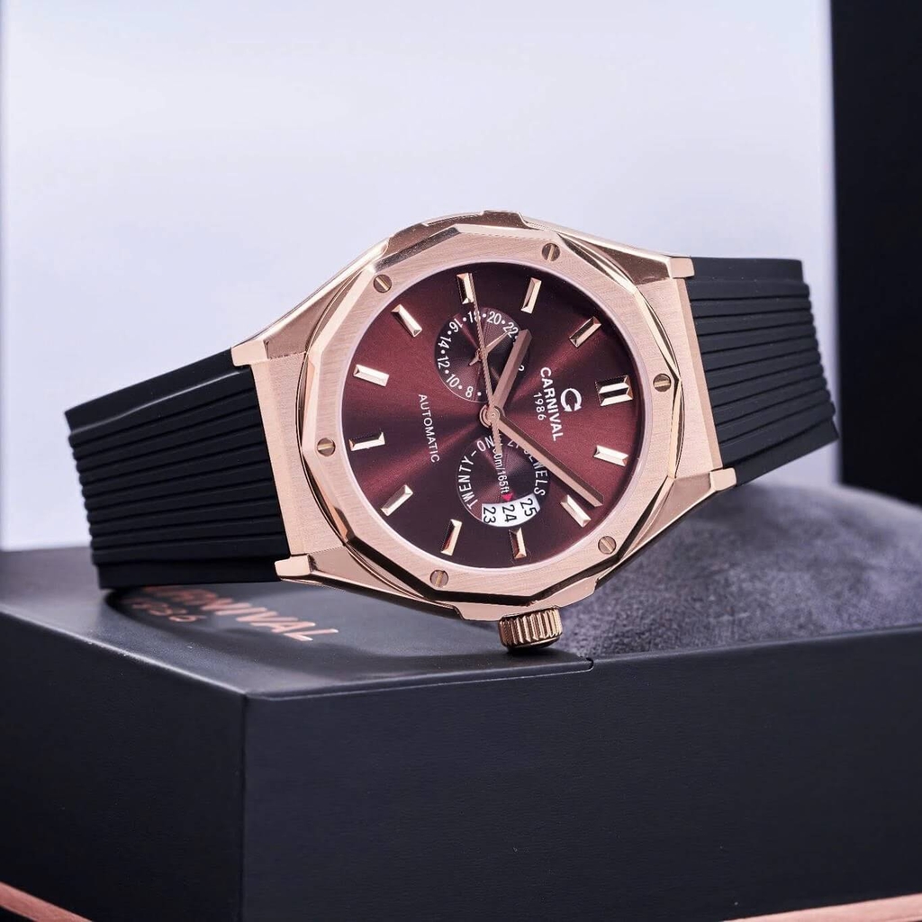 Đồng Hồ Nam Carnival 8188G Máy Cơ Tự Động Dây Cao Su Đen Mặt Nâu Size 42mm Vỏ Rose 8188G-VH-DCS-N