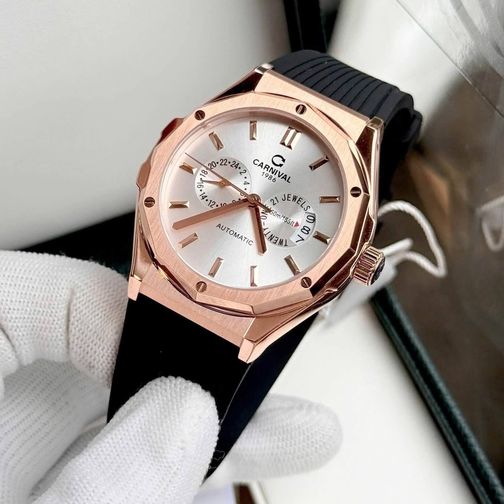Đồng Hồ Nam Carnival 8188G Máy Cơ Tự Động Dây Cao Su Đen Mặt Trắng Size 42mm Vỏ Rose 8188G-VH-DCS-T